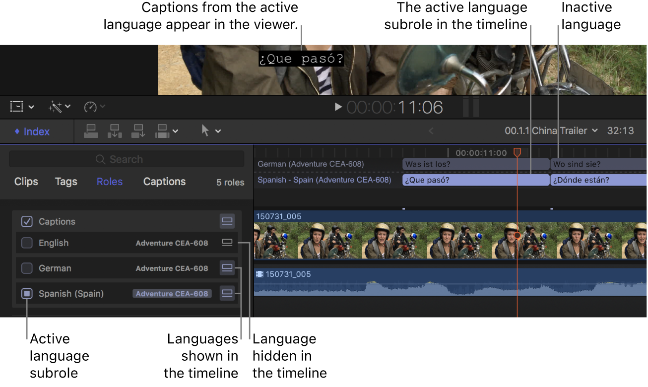 Official Apple Final Cut Pro screenshot showing captions in the viewer, language subroles, and caption lanes above the video timeline