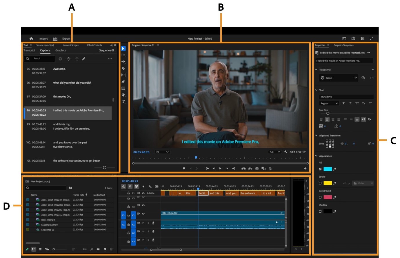 Official Adobe Premiere Captions and Graphics workspace labeled with the Text panel, Program Monitor, Properties panels, and Timeline