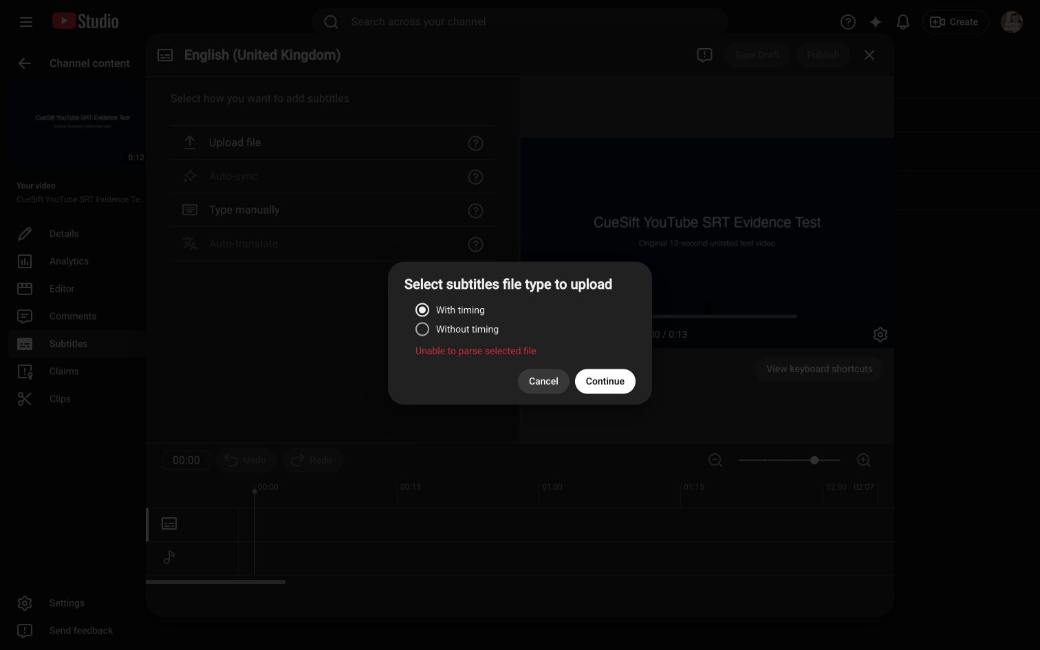 YouTube Studio showing Unable to parse selected file after a broken SRT upload