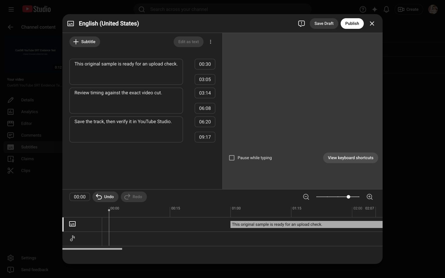 YouTube Studio subtitle editor showing three cues imported from a valid SRT file